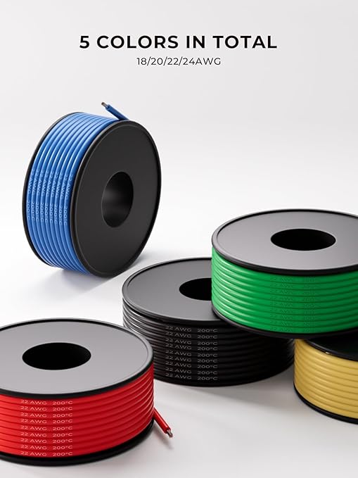 22 AWG Silicone Wire Kit 50FT, 22 Gauge Stranded Tinned Copper Wire Spool, 5 Colors 10FT Each,Flexible Electrical Wire for DIY, Automotive, LED, Arduino, Battery Projects