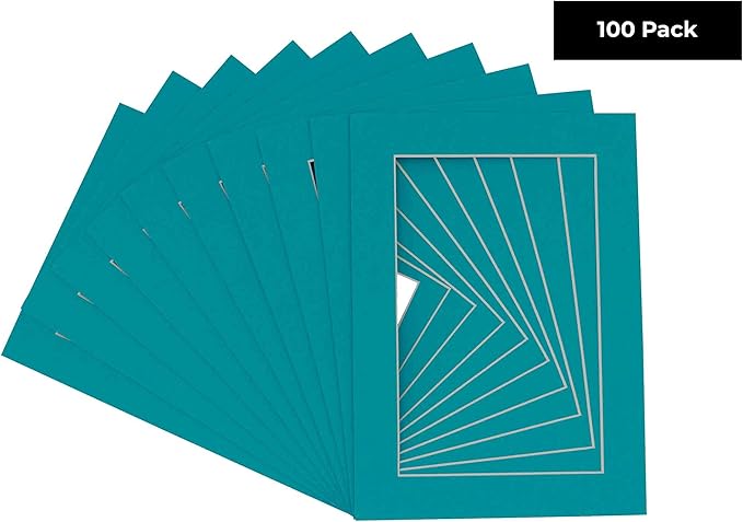 11x14 Mat for 8.5x11 Photo - Precut Teal Blue Picture Matboard for Frames 11 x 14 Inches - Bevel Cut to Display Art 8.5 x 11 Inches - Acid Free Pack of 100 MATS with Backing Boards & Clear Bags