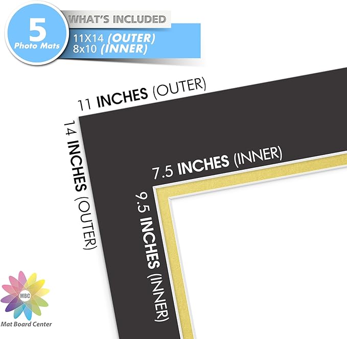 Mat Board Center, Double Mat - Acid Free, 8-ply Thickness, White Core - for Pictures, Photos, Framing (Black Over Gold, 11x14 for 8x10, Pack of 5)