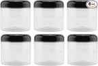 Cornucopia Brands 16oz Clear Plastic Jars w/Domed Lids (6-Pack); BPA Free PET Stackable Straight Sided Canisters for Bathroom & Kitchen Storage