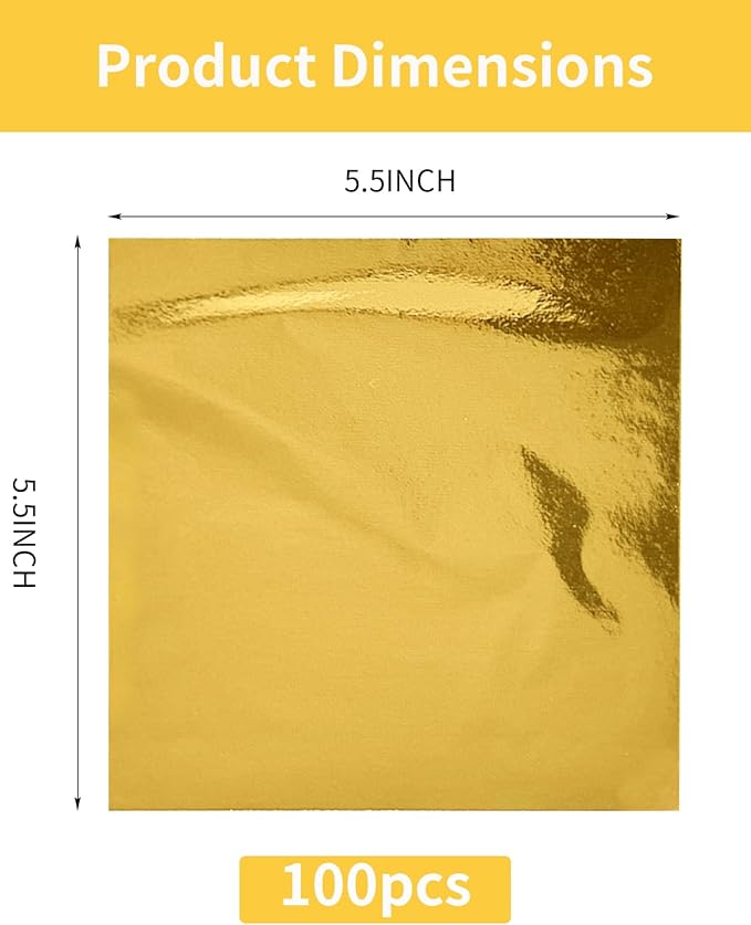 Luckymica Gold Leaf Sheets, 100 Pcs Adequate Gold Foil Sheets for Arts, Crafts, Decoration, Gilding, Paints, DIY, 5.5" x 5.5"