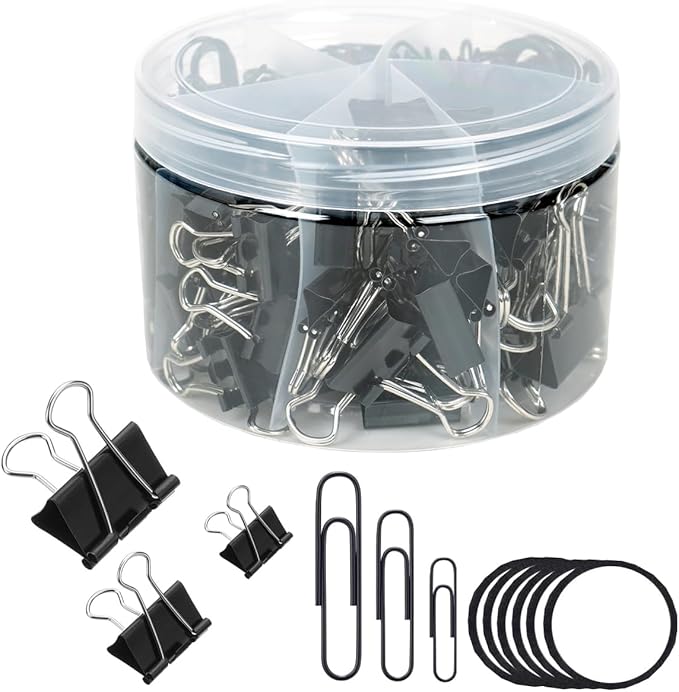 300Pcs Paper Clips and Binder Clips Set, Assorted Sizes, Paper Clips, Binder Clips, Rubber Bands for Office, Home, School, Document Organizing