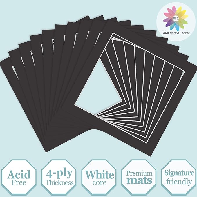 MBC Mat Board Center, 10 Pack 12x12 for 10x10 Black Picture Mats Frame Mattes, Bevel Cut, Acid Free, 4-ply Thickness