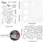 ORIGACH Tulip Layering Stencil Stamp and Die Set for Card Making, Flower Stencil Template Silicone Clear Stamps and Metal Die Sets for DIY Scrapbooking Photo Album Crafting