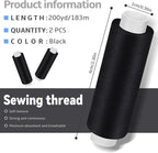 Bupete 2 Rolls Black Thread for Sewing, 200 Yards Each Roll Sewing Thread, Polyester Threads for Sewing Machine Embroidery Hand Stitching