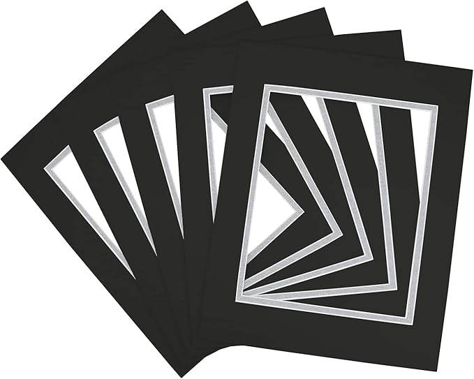Golden State Art, 11x14 Double Mats for 8x10 - for Photos, Pictures, Frames - Acid-Free, 5 Pack, Black Over Silver