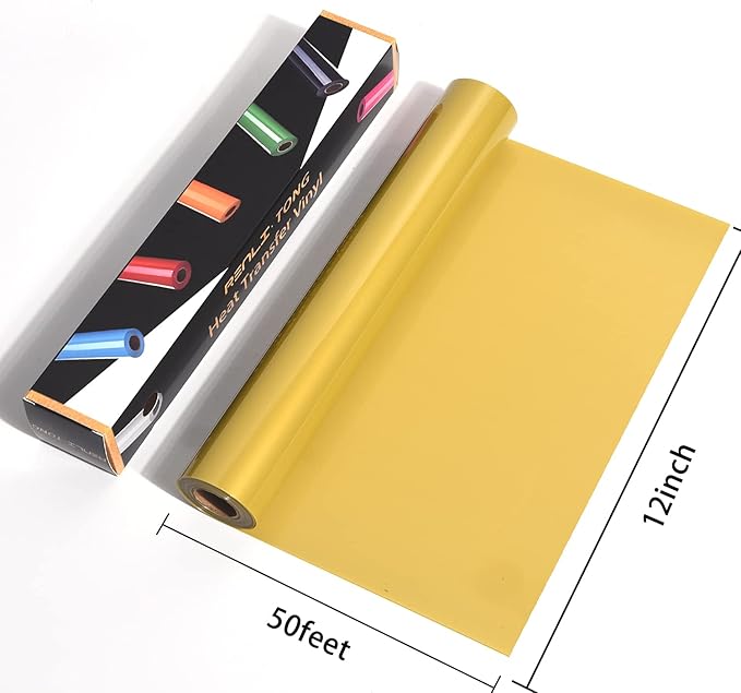 RENLITONG Gold HTV Iron on Vinyl 12Inch by 50ft Roll - Easy to Cut & Weed for Heat Vinyl Design