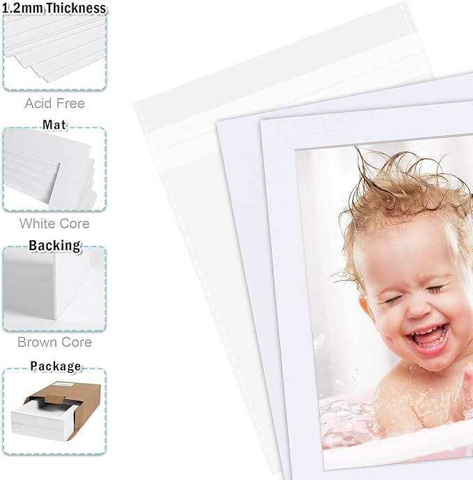 Egofine Pack of 10 White Mat Board Pre-Cut 8x10 Picture Mat for 5x7 Photo with White Core Bevel Cut Mattes Sets. Includes 10 High Premier Acid Free Mats & 10 Backing Board & 10 Clear Bags