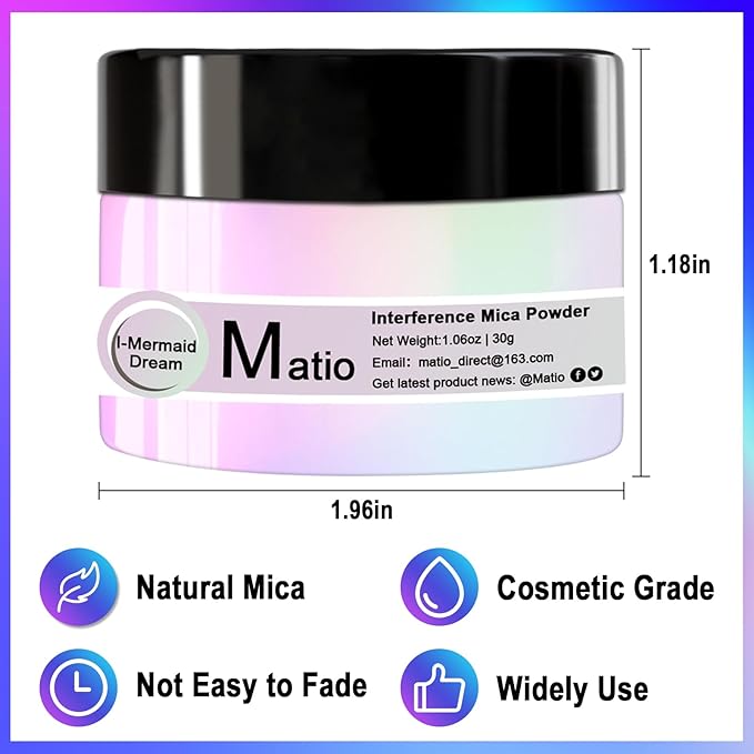 Matio Interference Mica Powder, 1.06oz/ 30g Ghost Blue Chrome Powder, Pearlescent Effect Color Shift Pigment for Epoxy Resin, Makeup Shimmer, Nail Polish,Soap Dye,Candle Making,Paint