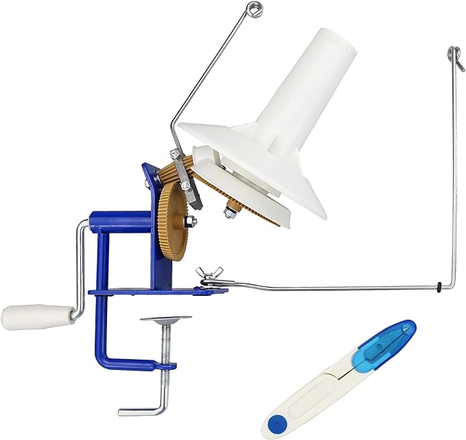 LAMXD Needlecraft Large Jumbo Metal Yarn/Wool/String/Fiber Ball Winder Hand Operated,10-Ounce,with Thread Cutter Scissors, Blue and White