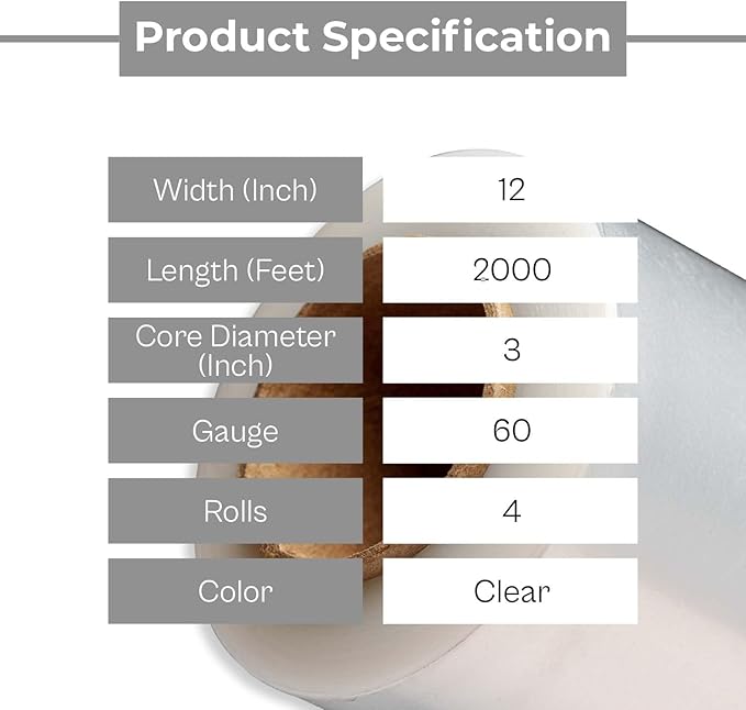 PSBM Stretch Wrap, 4 Pack, 12 Inch x 2000 Feet, 60 Gauge, Clear Plastic Cling, Cast Hand Stretch Film Rolls for Packaging Moving Packing Pallets