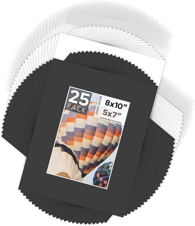 Mat Board Center, Pack of 25, 8x10 for 5x7 Black Picture Mat Sets - Acid Free, 4-ply Thickness, Bevel Pre-Cut White Core - Includes Backing Boards and Clear Bags - for Pictures, Photos, Framing