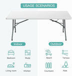 6ft Folding Table, Foldable HDPE Dining Table for Picnic, Camping, Party, Display with Carrying Handle - White
