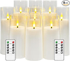 Flickering Flameless Candles Battery Operated with Remote and 2/4/6/8 H Timer Plexiglass Led Pillar Candles Pack of 9 (D2.3"xH 6"7"8")with Realistic Moving Wick Candles for Home Decor(White)
