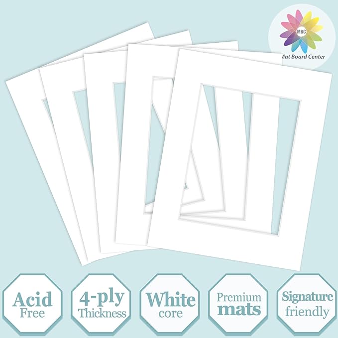 MBC Mat Board Center, 5 Pack 8.5X11 for 6X8 White Picture Mats Frame Mattes, Bevel Cut, Acid Free, 4-Ply Thickness