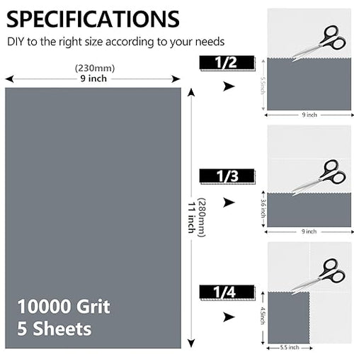 10000 Grit Sandpaper, 9 x 11 Inch Wet Dry Sand Paper Hand Abrasive Sanding Sheets for Wood Metal Automotive Sanding and Polishing, Extra Fine - 5 Sheets