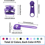 DOITEM 96Pcs Zipper Repair Kit - 3# Zipper Pull Rescue Kit (12 Colors) for Clothing Jackets, Purses, Luggage, Backpacks