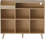 Cozy Castle Large Record Player Stand, Vinyl Storage Cabinet Mid Century Modern Turntable Stand Media Console Table Open Shelf Cube CD Album Holder Organizer for Living Room, Office, Oak