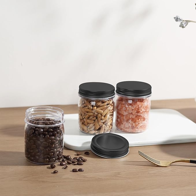 novelinks 8 oz Clear Plastic Jars with Screw-On Lids - BPA-Free Refillable Storage Containers for Slime, Spices, Crafts, Kitchen & Home Organization (48 Pack,Black)