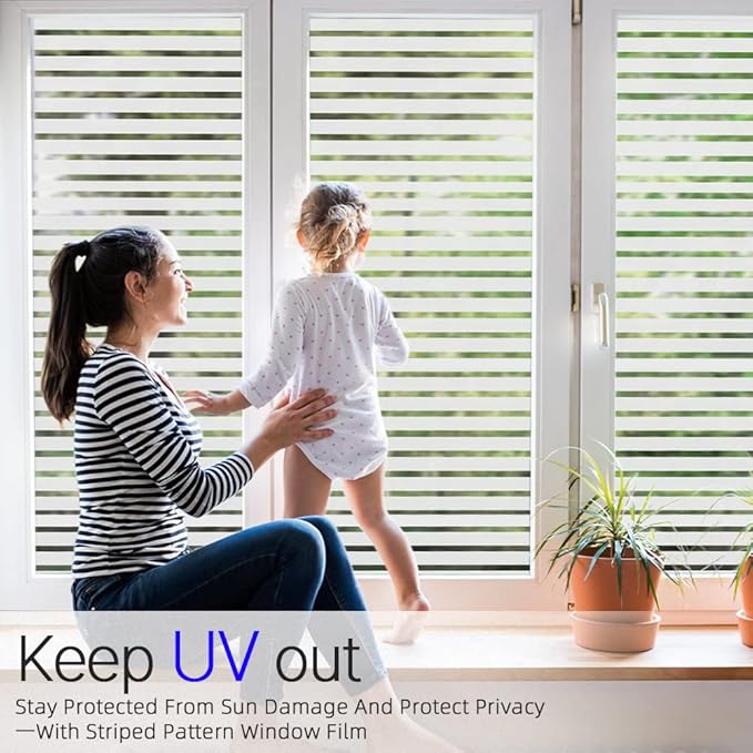 Qualsen Privacy Window Film, Frosted Windows Privacy Film, Frosting Cling for Glass, Anti-UV Reeded Blinds Sticker for Home Office Meeting Room, Stripe Patterns, 35.4x78.7inch