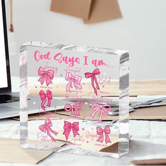 Positive Affirmation Bible Verse Desk Decor Acrylic Sign 4X4 Inch, Preppy Coquette Pink Bow Desk Decorative Signs for Shelf Tabletop Cubicle Room Office, Christian Gifts for Women Men Friends