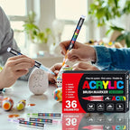 36 Colors No bleeding Non-Toxic Multi-Surface Flexible Tip Acrylic Paint Brush Markers Set, Water-Based Painting Art Pens for Canvas, Glass, Wood, Paper, Ceramic