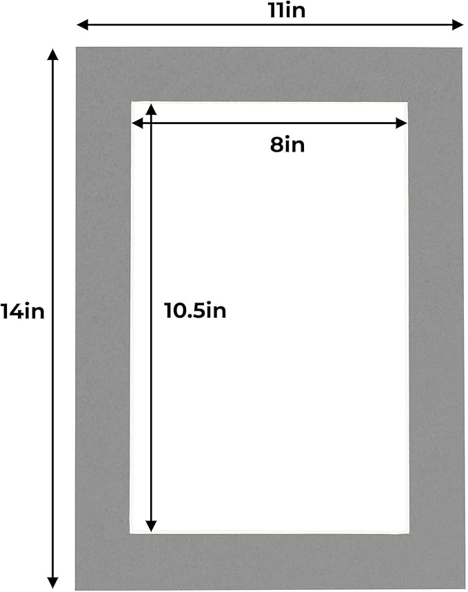 11x14 Mat for 8.5x11 Photo - Precut Mid Grey Picture Matboard for Frames 11 x 14 Inches - Bevel Cut Matte to Display Art 8.5 x 11 Inches - Acid Free Pack of 100 MATS with Backing Boards & Clear Bags