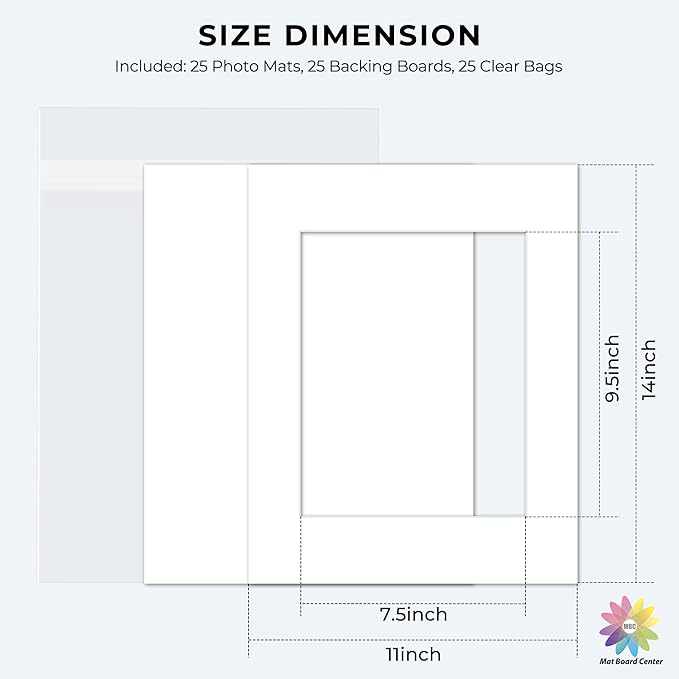 Mat Board Center, Pack of 25, 11x14 for 8x10 White Picture Mat Sets - Acid Free, 4-ply Thickness, Bevel Pre-Cut White Core - Includes Backing Boards and Clear Bags - for Pictures, Photos, Framing