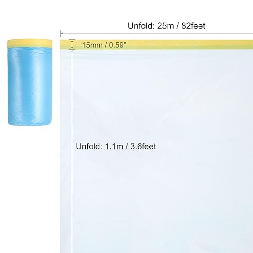 uxcell Pre-Taped Masking Film, 3.6ft x 82ft Plastic Paint Drop Cloth with Medium-Tack Painters Tape for Painting Spraying Protection Blue Film 6Pcs