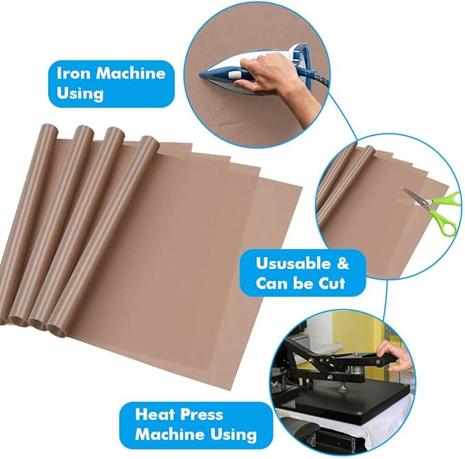 Selizo 4 Pack Teflon Sheet for Heat Press, Non-Stick Craft Mat, Teflon Heat Transfer Press Sheet for T Shirt Press Machine (12" x 16")