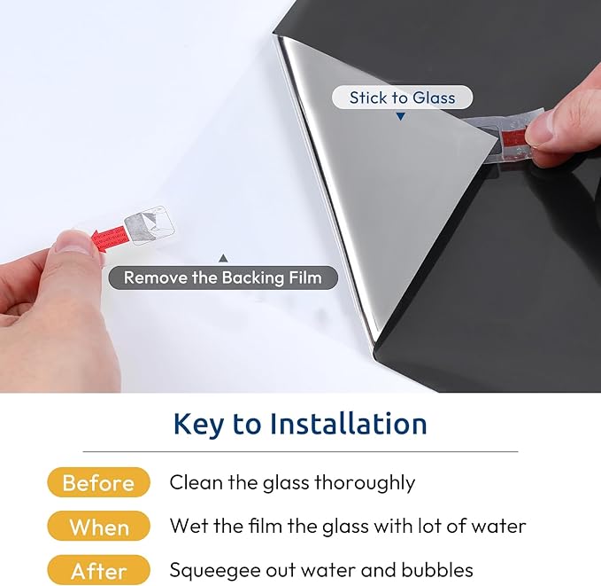 rabbitgoo Window Privacy Film One Way Window Tint for Home, Removable Reflective Heat Sun Blocking Anti UV Glass Door Covering, Mirror Tinting Film House Office, 17.5 in X 9.8 Feet, Black Silver