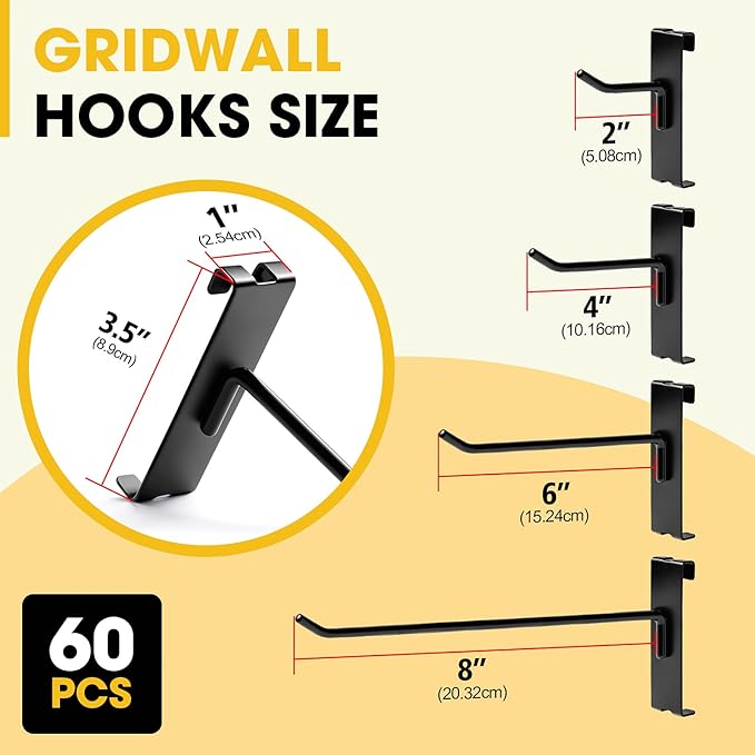 Gridwall Hooks 2 Inch, 4 Inch, 6 Inch, 60 Pack Heavy Duty Display Hook for Wire Grid Wall Panel, Grid Wall Accessories for Retail, Craft Shows, Home Setup and Customized Display, Black
