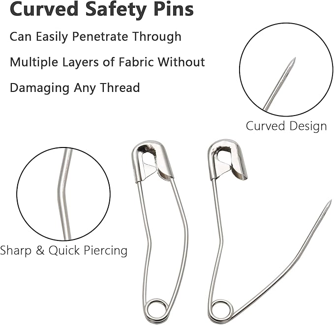 300Pcs Curved Safety Pins Size 1, 1-1/16 inch / 27mm Quilting Basting Pins, Bent Safety Pins for Quilting and Knitting (Sliver)