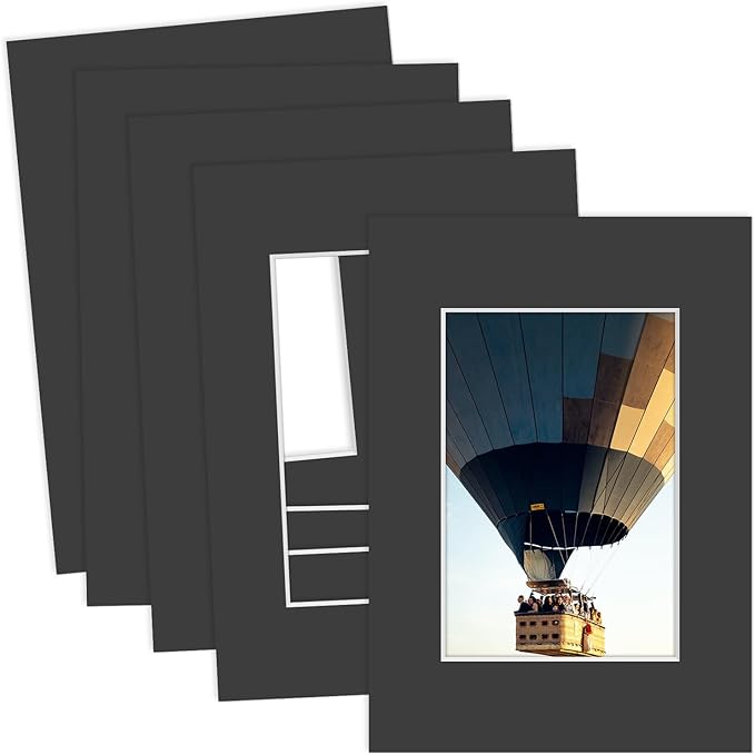MBC MAT BOARD CENTER, 5 Pack 5x7 for 3.5x5 Black Picture Mats Frame Mattes, Bevel Cut, Acid Free, 4-ply Thickness