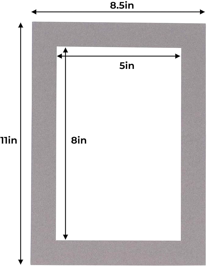 5.5x8.5 Mat for 8.5x11 Frame - Precut Mat Board Acid-Free Charcoal 5.5x8.5 Photo Matte For a 8.5x11 Picture Frame, Premium Matboard for Family Photos, Show Kits, Art, Picture Framing, Pack of 100 Mats
