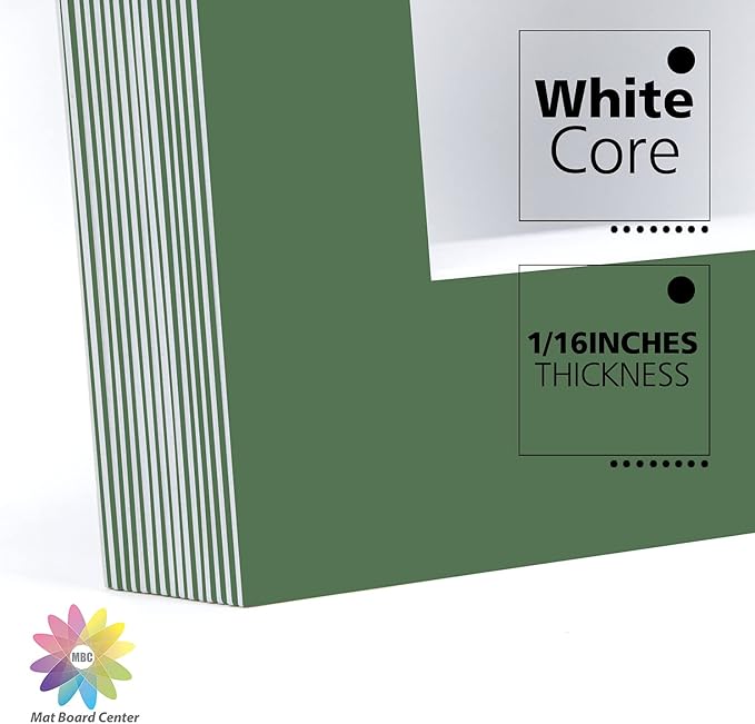 Mat Board Center, Pack of 10, 11x14 for 8x10 Basque Green Color Mats - Bevel Cut, Acid Free, 4-ply Thickness, White Core - for Pictures, Photos, Framing