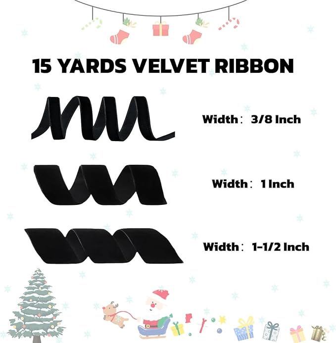 15 Yards Velvet Ribbon 3/8 Inch Single Face Black Velvet Ribbon Spool Prefect for Holiday Wedding, Ribbons for Gift Wrapping, Christmas Tree Ornaments Wreath Hair Bows, Ribbons for Crafts