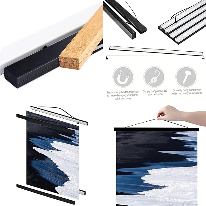 Ywlake Magnetic Poster Hanger, 24x36 24x18 24x32 Poster Frame Wood Wooden Magnet Print Posters Dowel Scroll Hanger Hangers Hanging Kit for Walls Map Canvas Artwork (Black, 24")