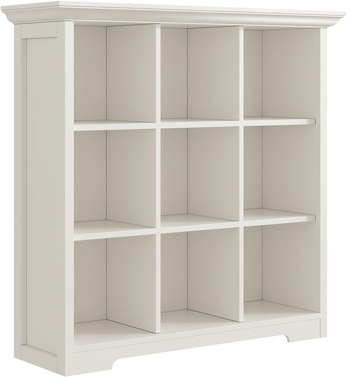 Wooden Cube Shelf Bookcase - Modern 3 Tiers Floorstanding Open Bookshelf with Base for Home and Office, 9 Cubes Storage Cabinet, Warm White