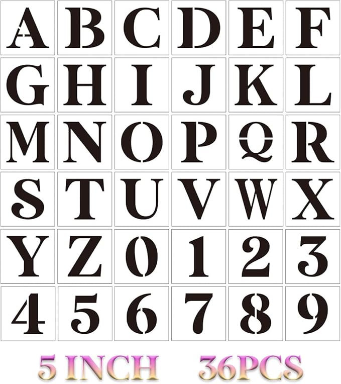 5 inch Letter Stencils for Painting On Wood,36pcs Stencils Letter Alphabet Number Stencil Templates for Wood Wall Signs Door Porch Fabric