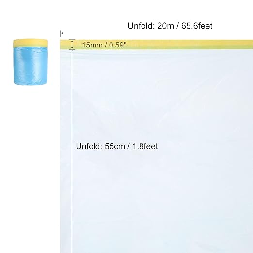 uxcell Pre-Taped Masking Film, 1.8ft x 66ft Plastic Paint Drop Cloth with Medium-Tack Painters Tape for Painting Spraying Protection Blue Film 6Pcs