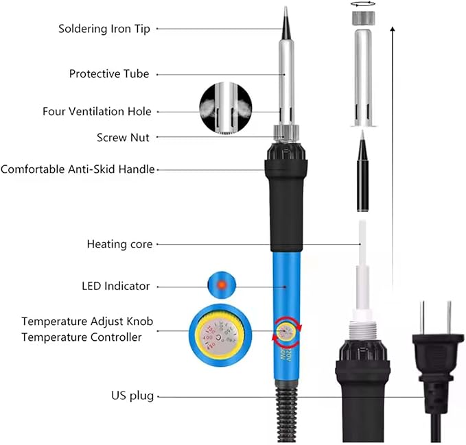 Electric Sodering Iron Kit set 110V 60W Adjustable Temperature Soldering Iron Digital Multimeter 5pcs Soldering Tips Solder Wire Stand, Desoldering Pump Tweezers Welding Tool Screwdriver wire stripper