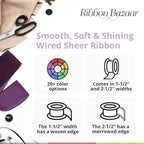 Ribbon Bazaar Sheer Organza Wired Ribbon - 100% Polyester Wire Edged Ribbon for Floral Decor, Table Arrangements, Apparel Embellishment & More - 1-1/2" White 25yd