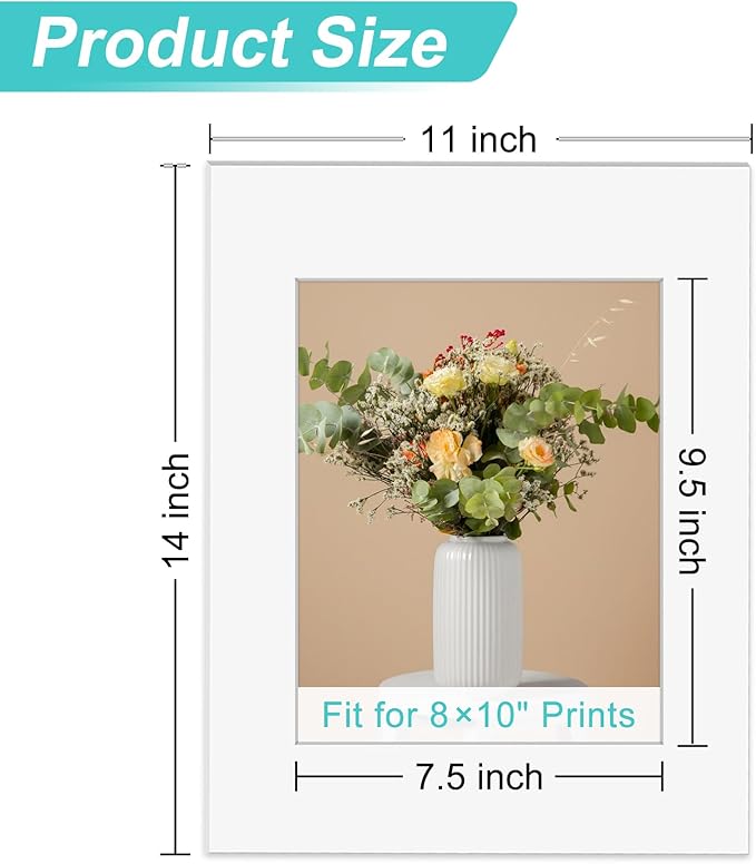 Phinus 8 Pack Picture Mats for Frames, Acid Free 11x14 Matted to 8x10, Picture Frame Mats for Pictures, Watercolor, Artwork and Prints (White)
