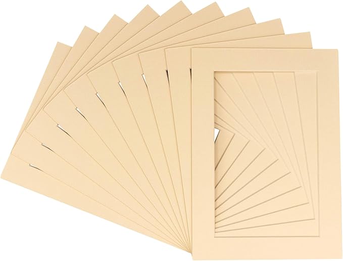 Pack of Ten Acid Free 11x14 Mats Bevel Cut for 8.5x11 Photos - Beige Precut Matboards With Backing Boards and Self Seal Photo Mat Bags For Pictures, Photos, Framing - 4-ply Thickness