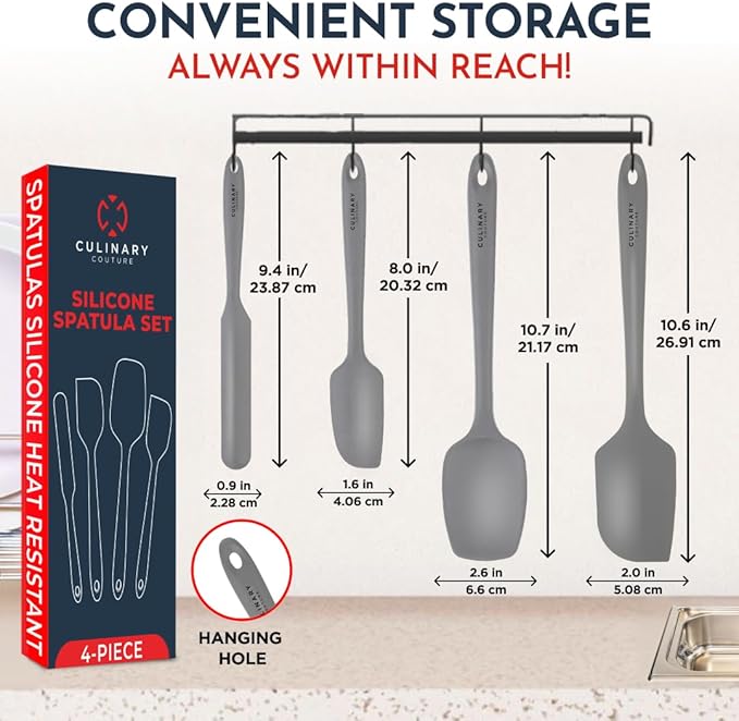 Culinary Couture 4-Piece Grey Baking Spatula Set - Rubber Spatulas Silicone Heat Resistant, BPA-Free - Spatula Set for Nonstick Cookware - Silicone Baking Utensils