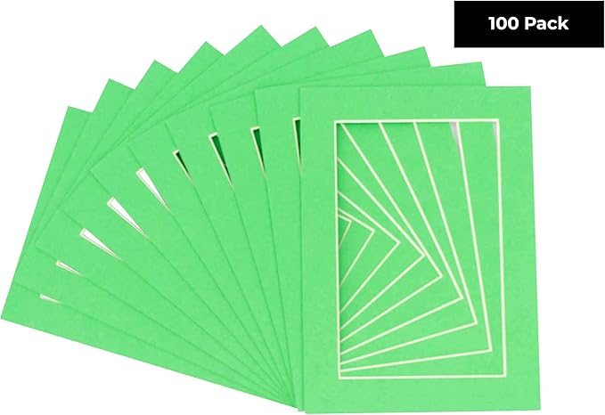 11x14 Mat for 8.5x11 Photo - Precut Bright Green Picture Matboard for Frames 11 x 14 Inches - Bevel Cut to Display Art 8.5 x 11 Inches - Acid Free Pack of 100 MATS with Backing Boards & Clear Bags