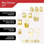 303-Piece Picture Hanging Assortment, Heavy Duty Hooks, Nails, Sawtooth, D-Rings, Wire, Level, and Metal Wall Hooks for Picture Framing and Canvas Mounting (Gold)