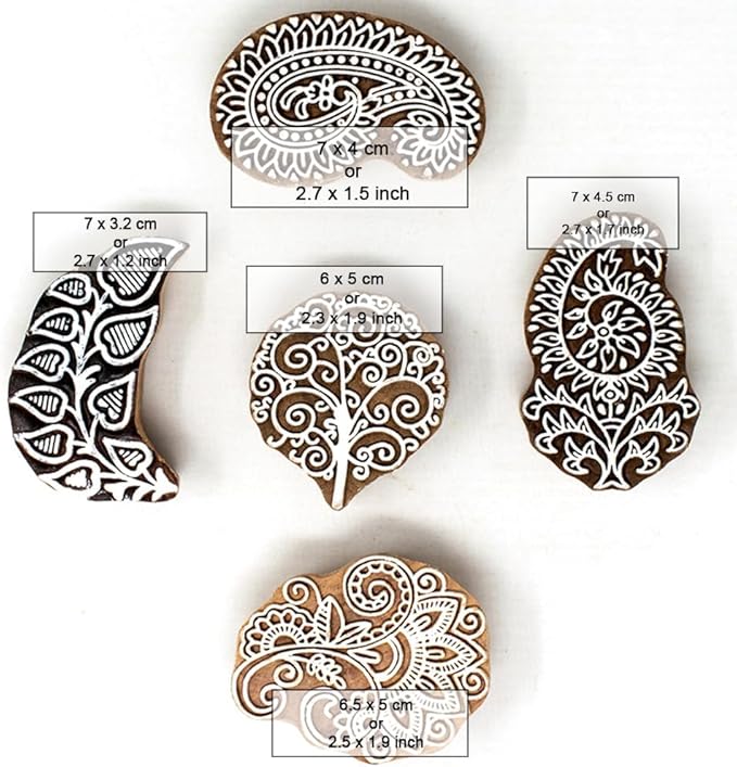 Handcarved Wooden Block Stamp for Printing Scrapbooking/Wooden Stamps for Project Designing/Fabric Textile/Clay/Pottery Craft/Tattoo | Set of 5 | Hashcart®