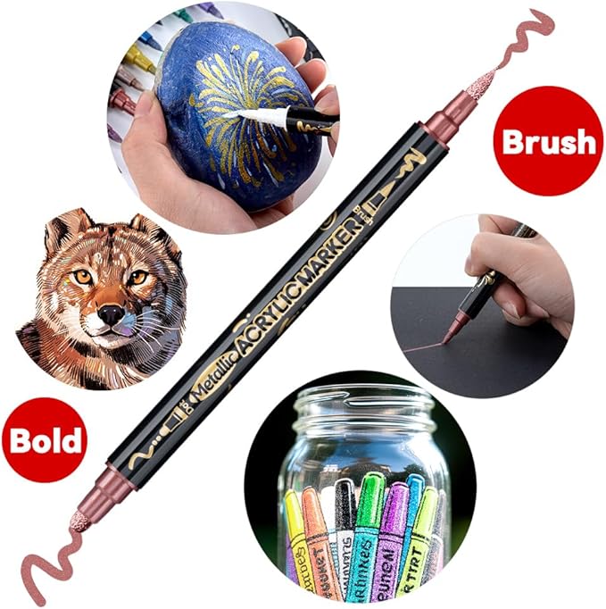 TRANSON 12Colors Metallic Paint Markers Bold and Brush Dual-tip for Rock Wood Ceramic Canvas DIY Painting Drawing